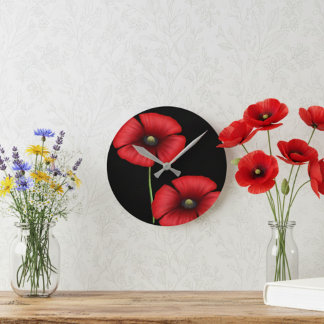 Elegant Blommigt Red Poppy Flowers on Black Rund Klocka