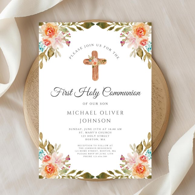 Elegant Blommigt Religiösa Kor första kommissionen Inbjudningar (Elegant Floral Religious Cross First Communion Invitation)