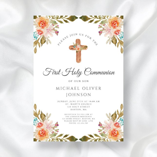 Elegant Blommigt Religiösa Kor första kommissionen Inbjudningar (Elegant Floral Religious Cross First Communion Invitation)