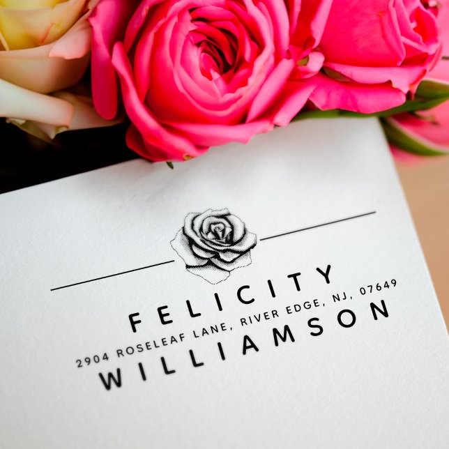 Elegant Blommigt Ro Blommar Flower Returadress Stämpel ( Elegant Floral Rose Blossom Flower Return Address Rubber Stamp)