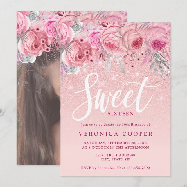Elegant blommigt ro guld glitter sweet sixteen inbjudningar (Fram/baksida)