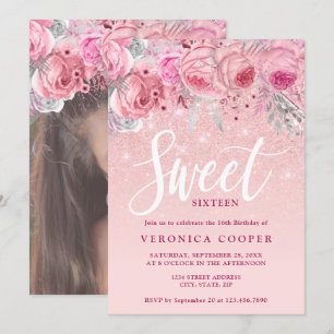 Elegant blommigt ro guld glitter sweet sixteen inbjudningar