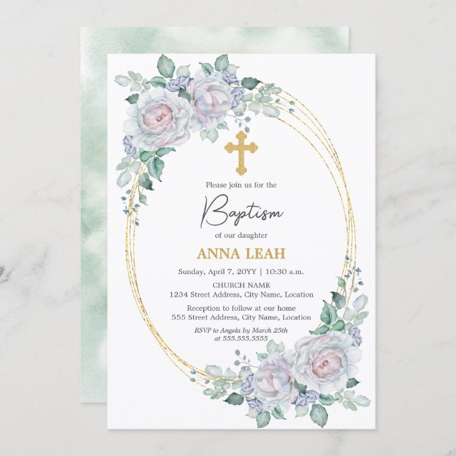 Elegant Blommigt Ro Guld Kor Baptism Inbjudningar (Fram/baksida)