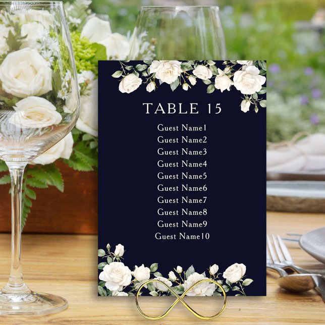 Elegant Blommigt Ro Mörk blått sittplatsplan för B (Seating chart cards from the Princess Dress and Roses Quinceanera collection by Darling & May)