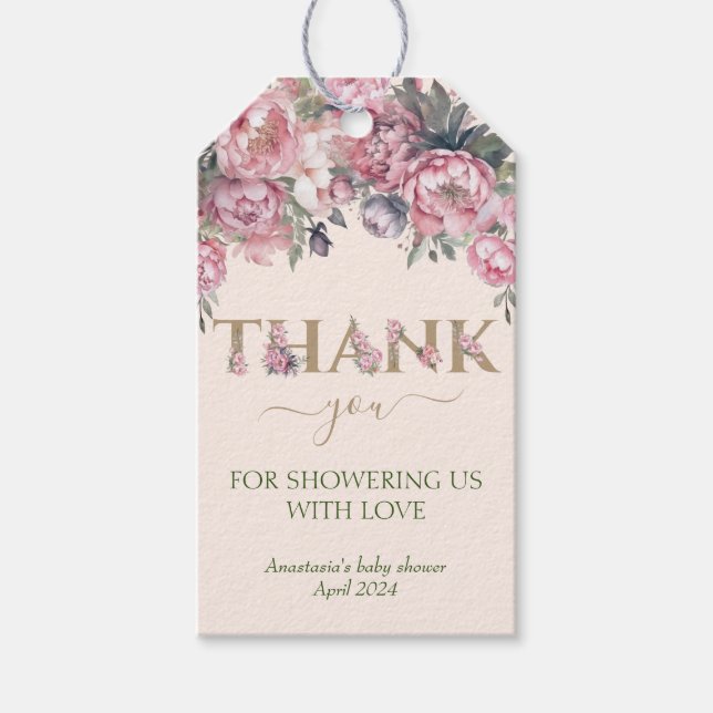 Elegant Blommigt Ro Rosa Baby Shower Tack Presentetikett (Framsidan)