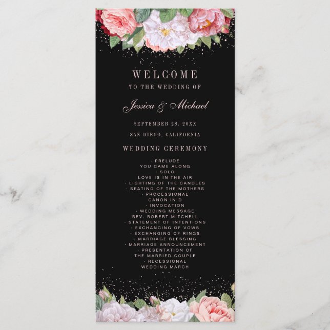 Elegant Blommigt Ro Rosa Black Bröllop Program (Framsida)