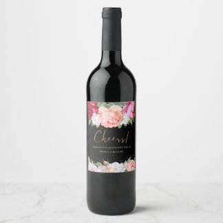 Elegant Blommigt Ro Rosa Black Bröllop Tack Vinflaska Etikett