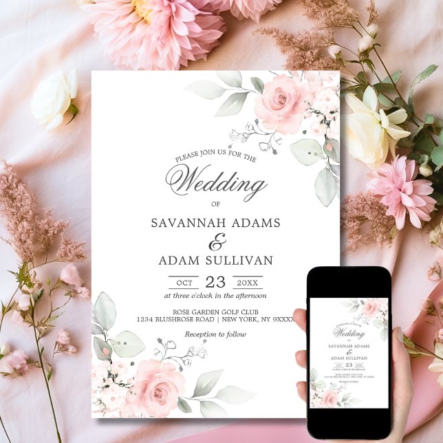 Elegant Blommigt  Ro Rosa Botaniskt Inbjudningar (Elegant Floral Blush Rose Pink Botanical Invitation Set | Matching Invitation Suite)