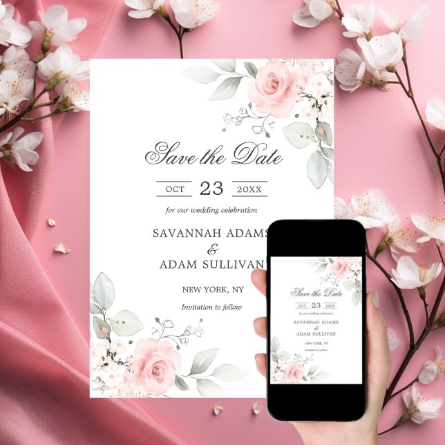 Elegant Blommigt  Ro Rosa Botaniskt Spara Datumet (Elegant Floral Blush Rose Pink Botanical Save The Date)