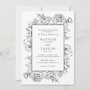 Elegant Blommigt Ro Svartvit Bröllop i Ram Inbjudningar