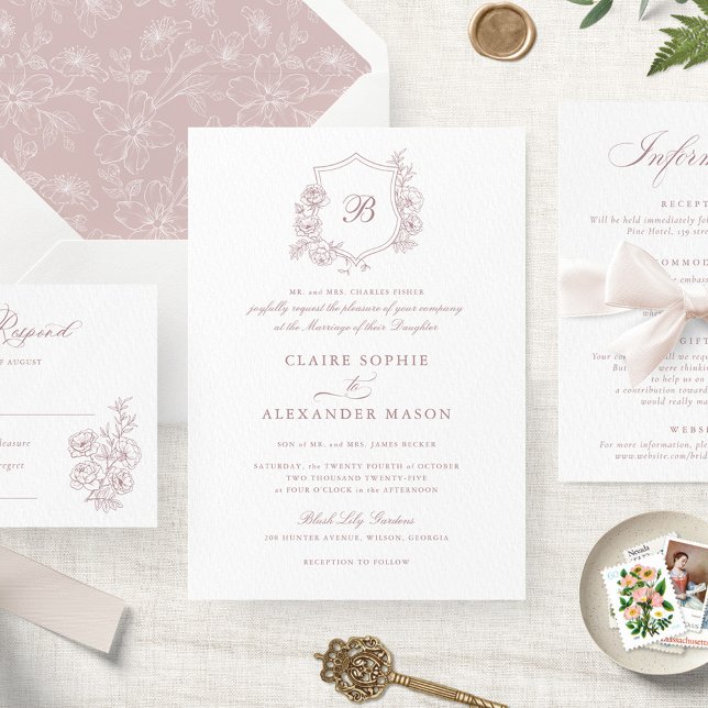 Elegant Blommigt Ro Vapensköld Bröllop Monogram Inbjudningar (Skapare uppladdad)