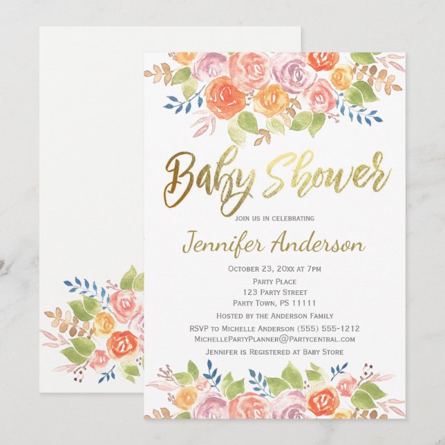 Elegant Blommigt Ro Vattenfärgsbabyskor för Inbjudningar (Fram/baksida)