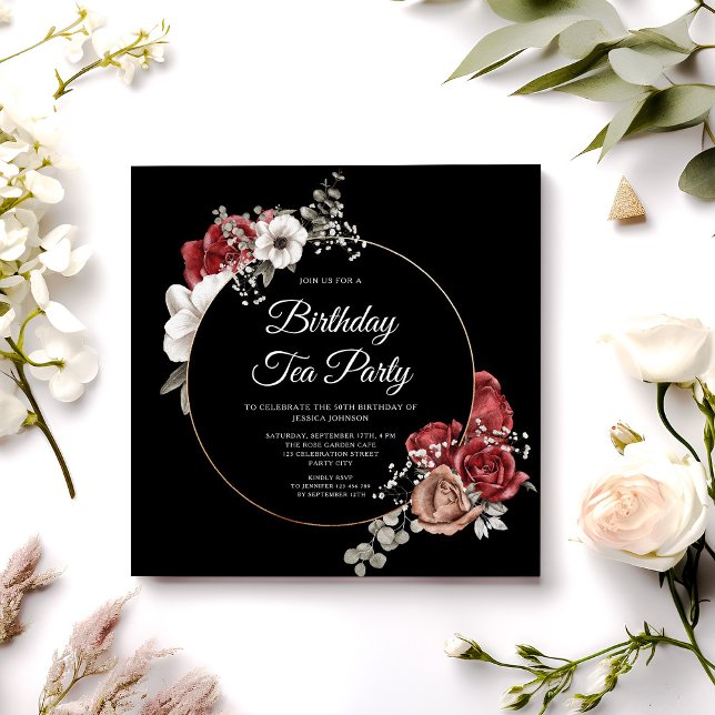 Elegant Blommigt Röd ros Guld födelsedag Tea Party Inbjudningar (Elegant Floral Red Rose Gold Birthday Tea Party Invitation)