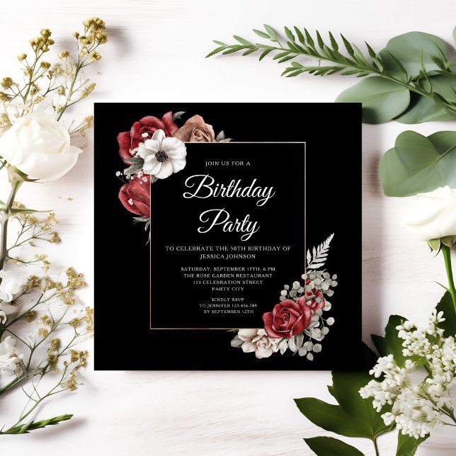 Elegant Blommigt Röd ros Guld Födelsedagsfest Inbjudningar (Elegant Floral Red Roses Gold Birthday Party Invitation)