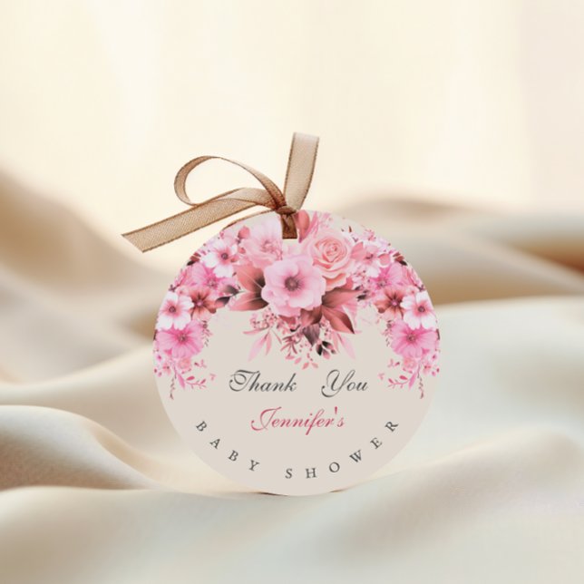 Elegant Blommigt Rosa Baby Shower Tack Gåvor Etiketter (Skapare uppladdad)