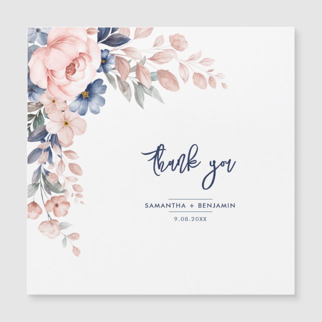 Elegant Blommigt Rosa Blue Bröllop Script Tack (Framsida)