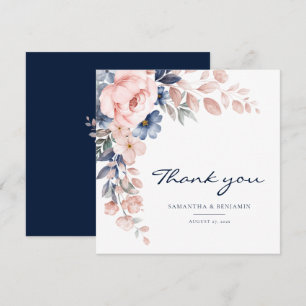 Elegant Blommigt Rosa Blue Watercolor Bröllop Tack Kort
