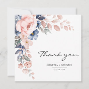 Elegant Blommigt Rosa Blue Watercolor Bröllop Tack Kort