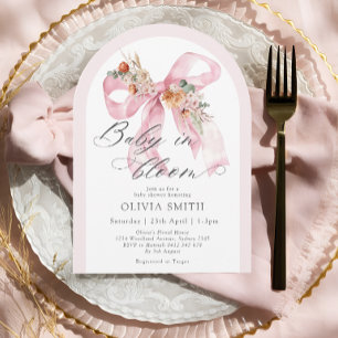 Elegant Blommigt Rosa Bow Baby i Bloom Baby Shower Inbjudningar