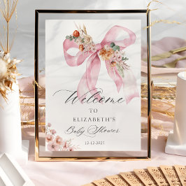 Elegant Blommigt Rosa Bow Baby Shower Välkommen Poster