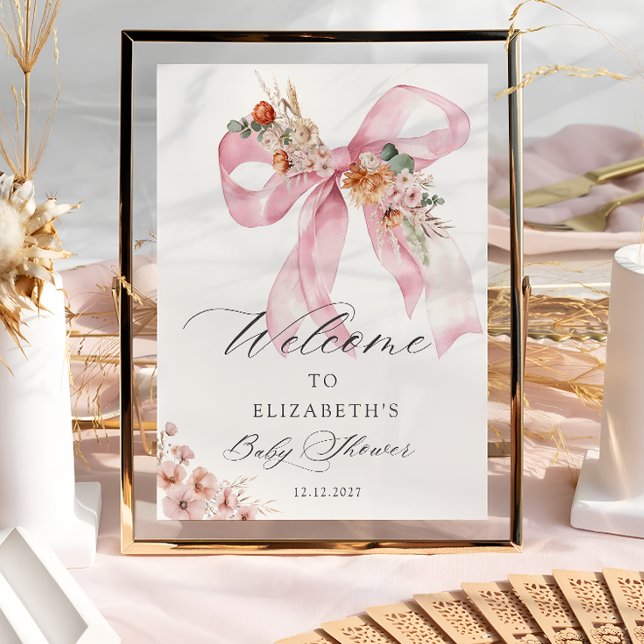Elegant Blommigt Rosa Bow Baby Shower Välkommen Poster (Skapare uppladdad)