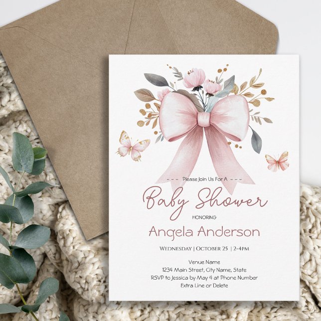 Elegant Blommigt Rosa Bow Butterfly Baby Shower Inbjudningar (Skapare uppladdad)