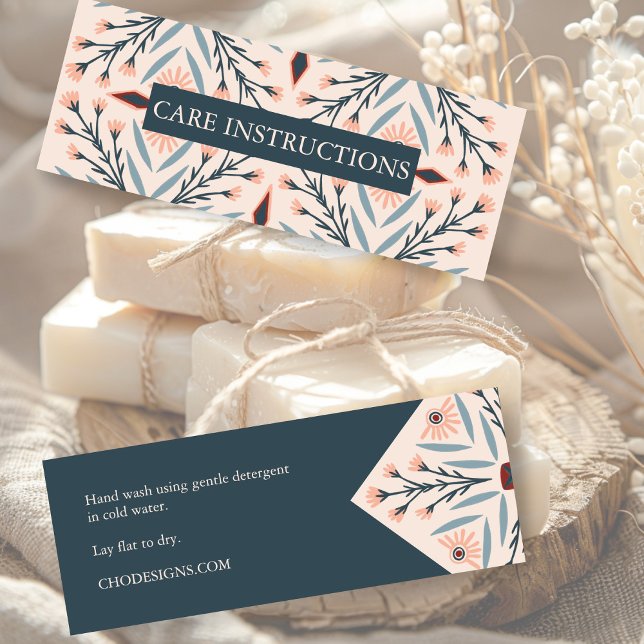 Elegant Blommigt  Rosa för vårdinstruktioner Mini Visitkort (Care INSTRUCTIONS Elegant Floral Tiles Pink Blue Navy Mini Business Card
)