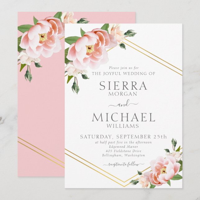 Elegant Blommigt  Rosa Guld Geometric Bröllop Inbjudningar (Fram/baksida)