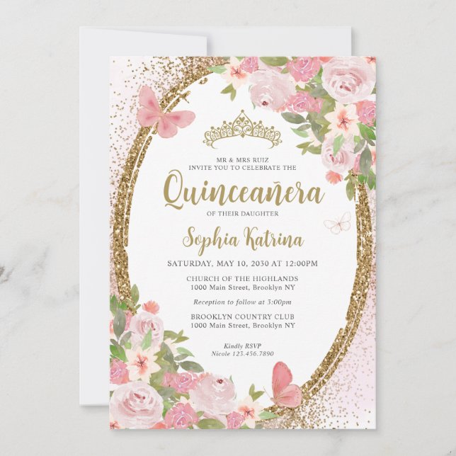 Elegant Blommigt  Rosa Guld Tiara Quinceañera Inbjudningar (Framsida)
