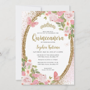 Elegant Blommigt  Rosa Guld Tiara Quinceañera Inbjudningar