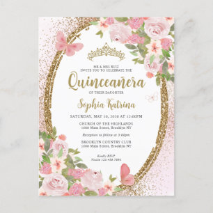 Elegant Blommigt  Rosa Guld Tiara Quinceañera Vykort