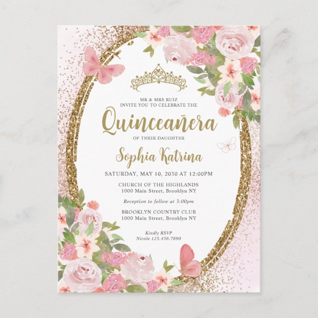 Elegant Blommigt  Rosa Guld Tiara Quinceañera Vykort (Framsida)