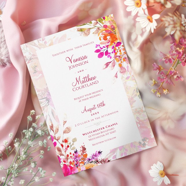 Elegant Blommigt Rosa och Orange Vattenfärg Bröllo Inbjudningar (Pink and Orange Watercolor Floral Blooms Wedding Invitation)