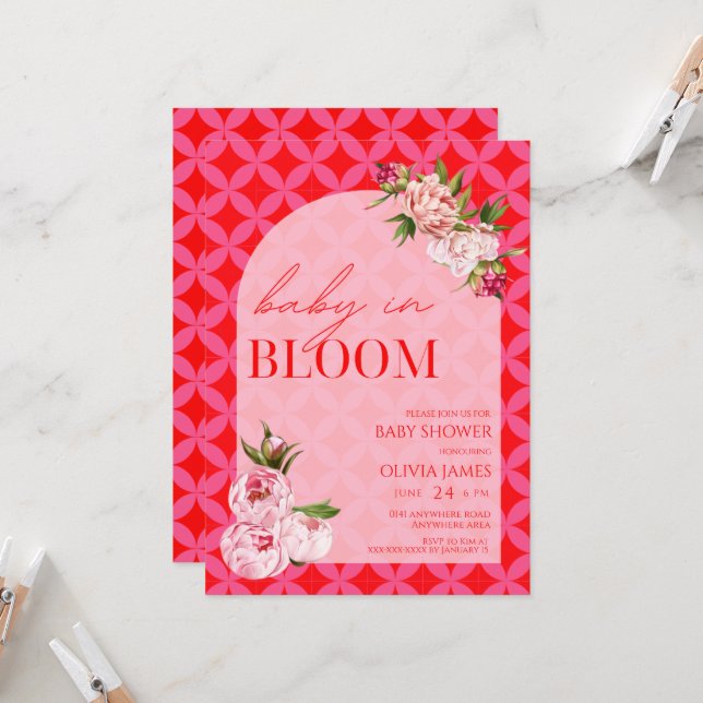 Elegant blommigt rosa panel baby i bloombabydusch inbjudningar (Fram/Back In Situ)