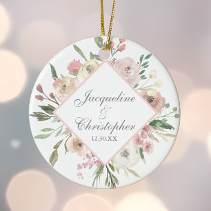 Elegant Blommigt Rosa Peony Bröllop Gift Julgransprydnad Keramik