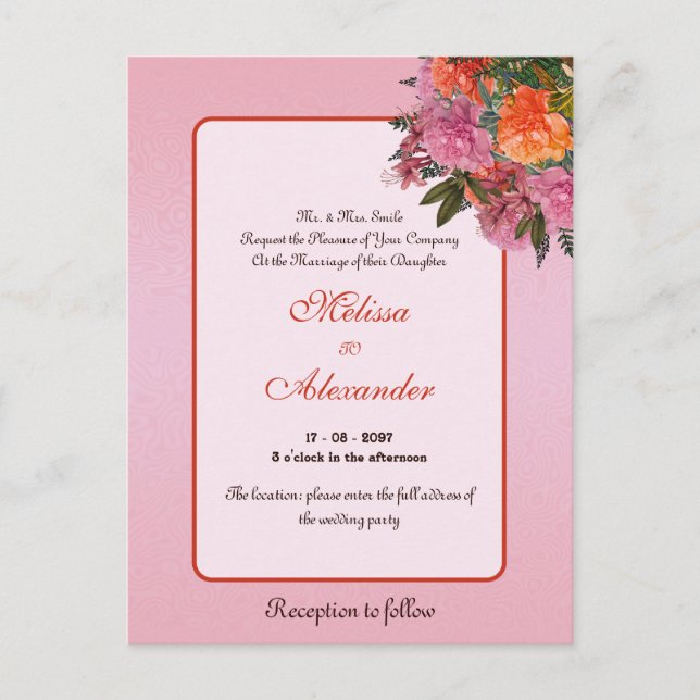 Elegant blommigt rosa peony enkel vykort (Framsida)