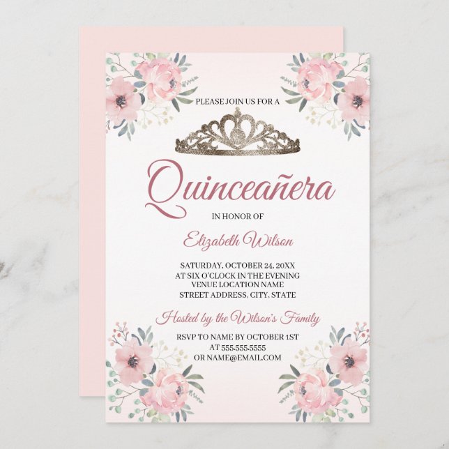Elegant Blommigt  Rosa Quinceanera Inbjudningar (Fram/baksida)