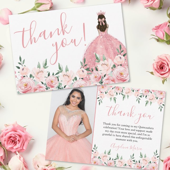 Elegant Blommigt Rosa Quinceañera Photo Tack Kort (Elegant Floral Pink Quinceañera Photo Thank You Card)