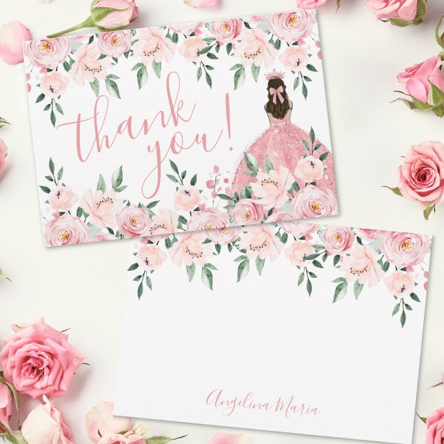 Elegant Blommigt  Rosa Quinceañera Tack Kort (Elegant Floral Blush Pink Quinceañera Thank You Card)