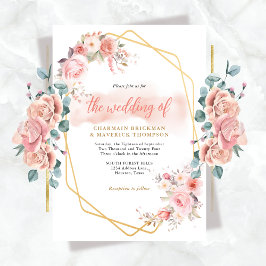 Elegant Blommigt Rosa Ram Bröllop Inbjudningar
