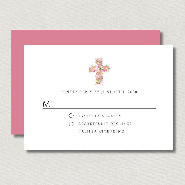Elegant Blommigt Rosa Religiösa Kor Girl Girl Bapt OSA Kort (Elegant Floral Pink Religious Cross Girl Baptism RSVP Card)
