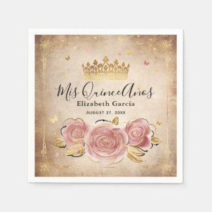Elegant Blommigt Rosa ros Guld Quinceanera Pappersservett