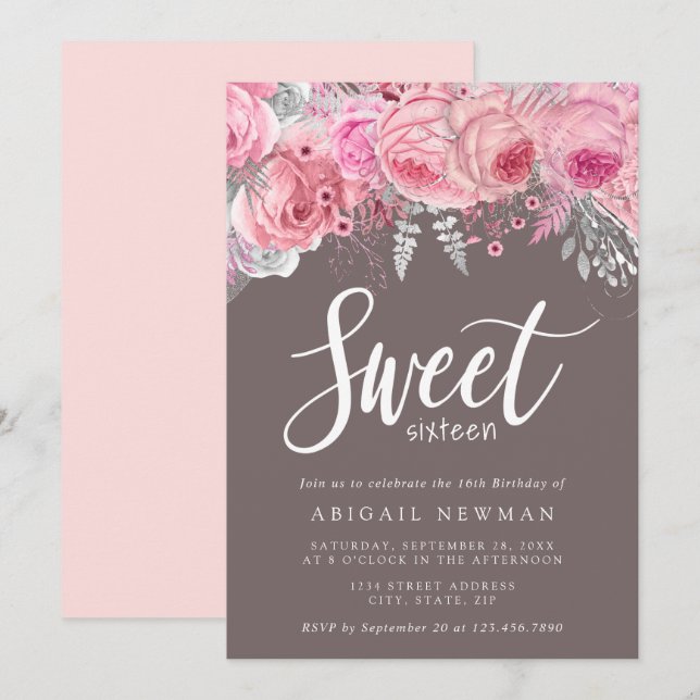 Elegant blommigt rosa ros guld silver sweet sixtee inbjudningar (Fram/baksida)