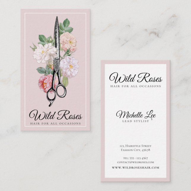 Elegant Blommigt Rosa ros Hairstylist  Visitkort (Fram/baksida)