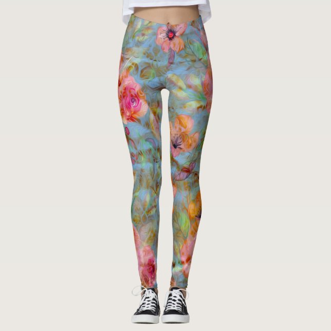 Elegant Blommigt Rosa ros Mönster Leggings (Framsida)