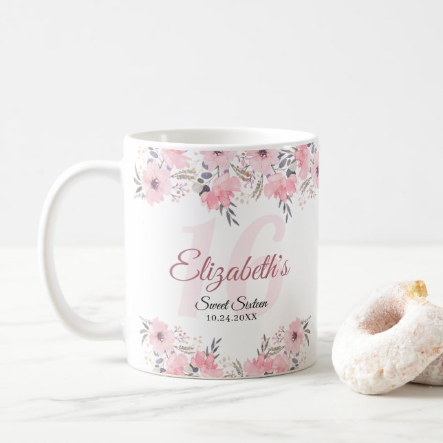 Elegant Blommigt  Rosa Sweet 16 Kaffemugg (Med munk)