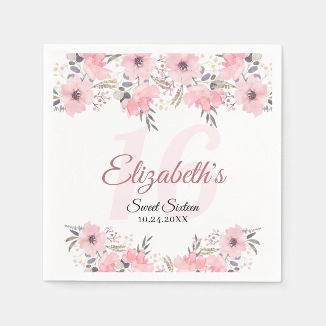 Elegant Blommigt  Rosa Sweet 16 Pappersservett (Framsidan)