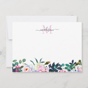 Elegant Blommigt Rosa White Peony Monogram Anteckningskort