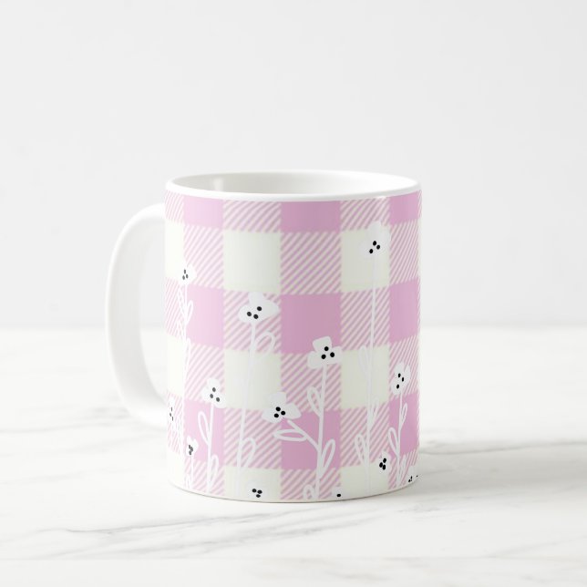 Elegant blommigt rosa white plaid gingham kaffemugg (Framsida vänster)