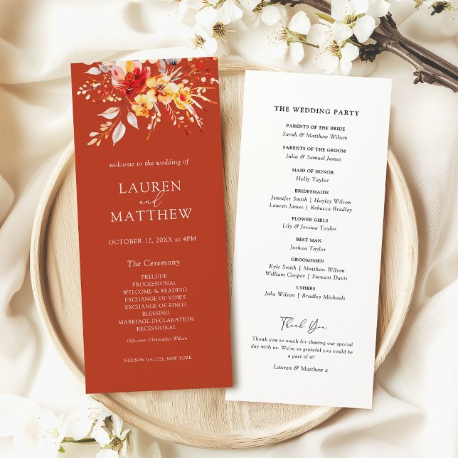 Elegant Blommigt Rust Orange Fall Brölloping Progr Inbjudningar (Elegant boho rust orange floral fall wedding program)